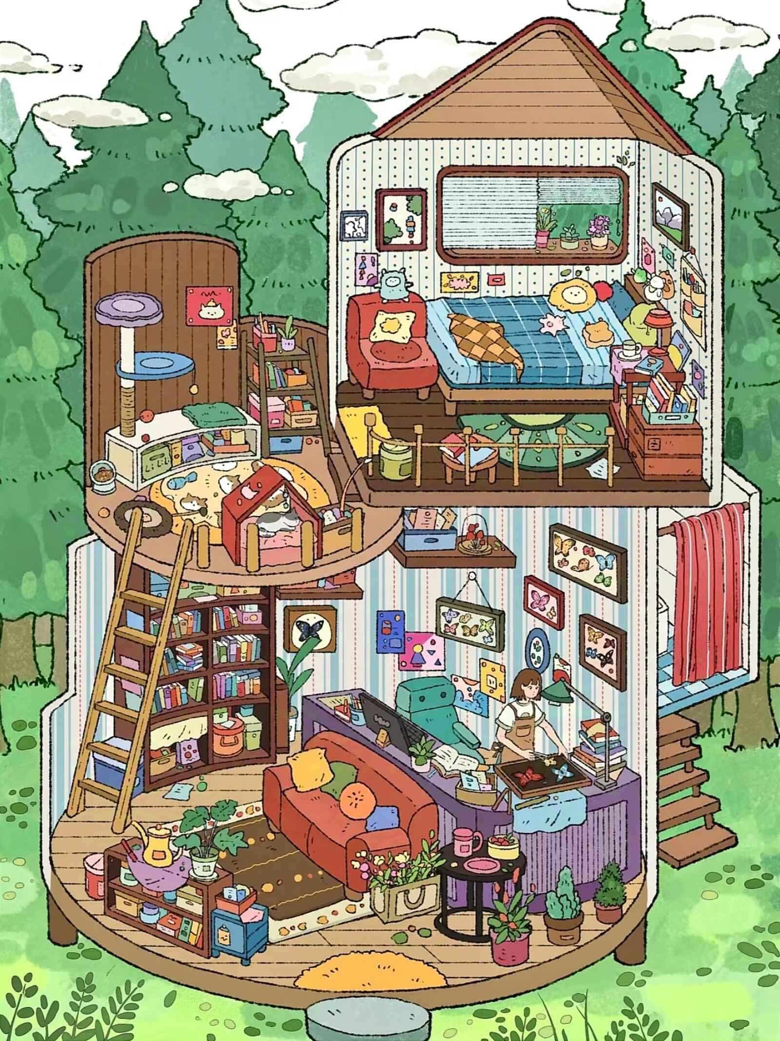 Childhood Dream World – 3D Sticker Scenes - 6 Theme Sets: Tree House | Treehouse Store | Christmas House | Milk Factory | Temple Fair | Autumn Outing