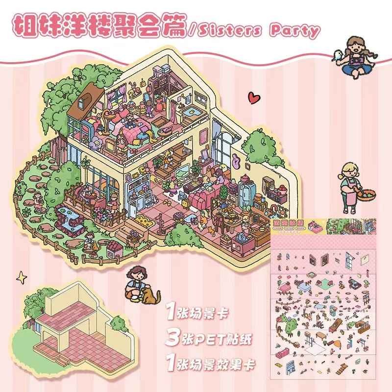 The Best Friends Party – 3D Sticker Scenes - 4 Theme Sets: Sisters Party | Study Party | Birthday Party | Villa Party