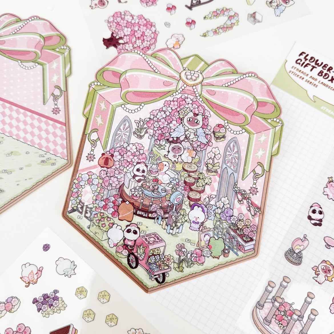 Cute Animal Gifts – 3D Sticker Scenes - 4 Theme Sets: Panda Flower Gift Box | Penguin Ice Cream Kitchen | Crystal Ball Amusement Park | Monet Painting Box