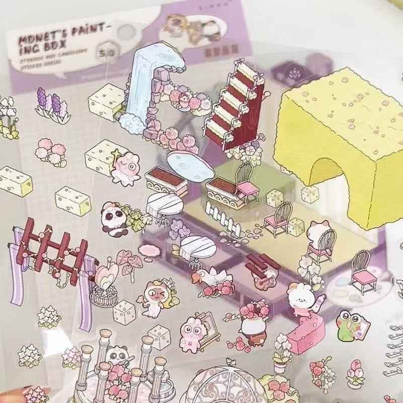 Cute Animal Gifts – 3D Sticker Scenes - 4 Theme Sets: Panda Flower Gift Box | Penguin Ice Cream Kitchen | Crystal Ball Amusement Park | Monet Painting Box