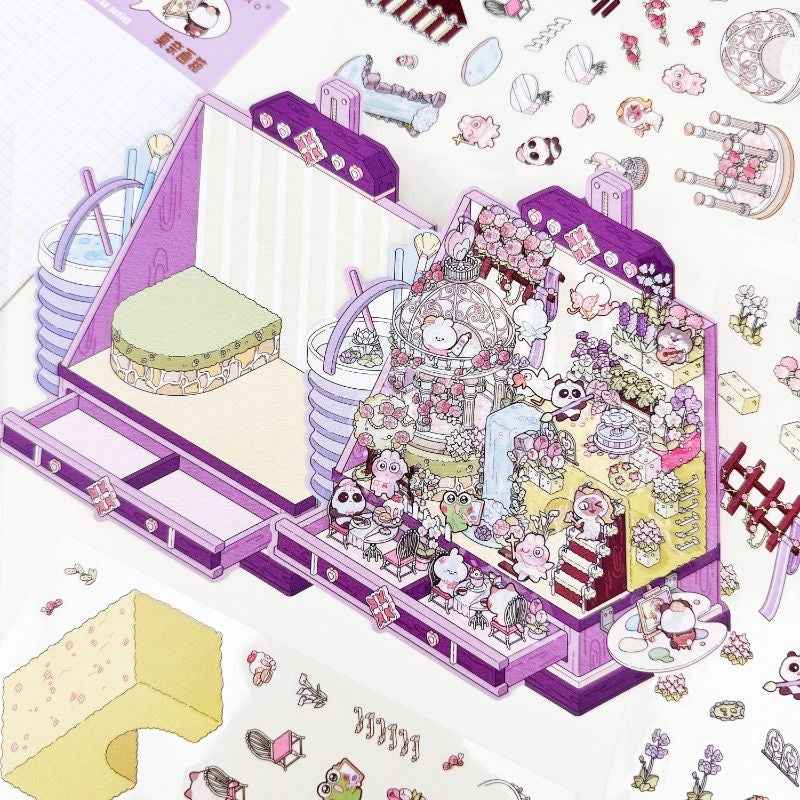 Cute Animal Gifts – 3D Sticker Scenes - 4 Theme Sets: Panda Flower Gift Box | Penguin Ice Cream Kitchen | Crystal Ball Amusement Park | Monet Painting Box