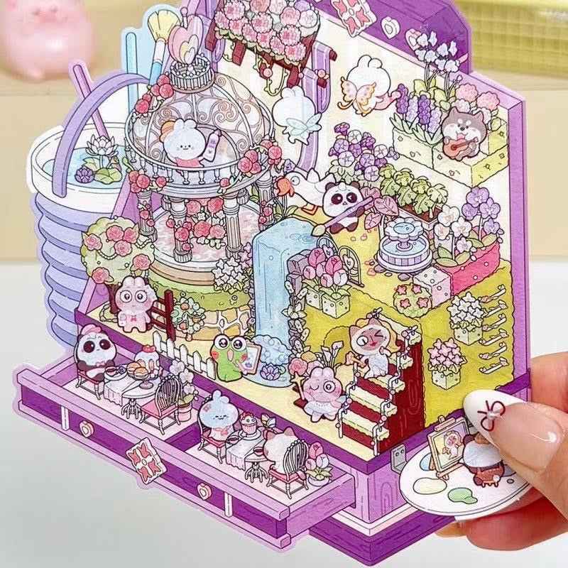 Cute Animal Gifts – 3D Sticker Scenes - 4 Theme Sets: Panda Flower Gift Box | Penguin Ice Cream Kitchen | Crystal Ball Amusement Park | Monet Painting Box