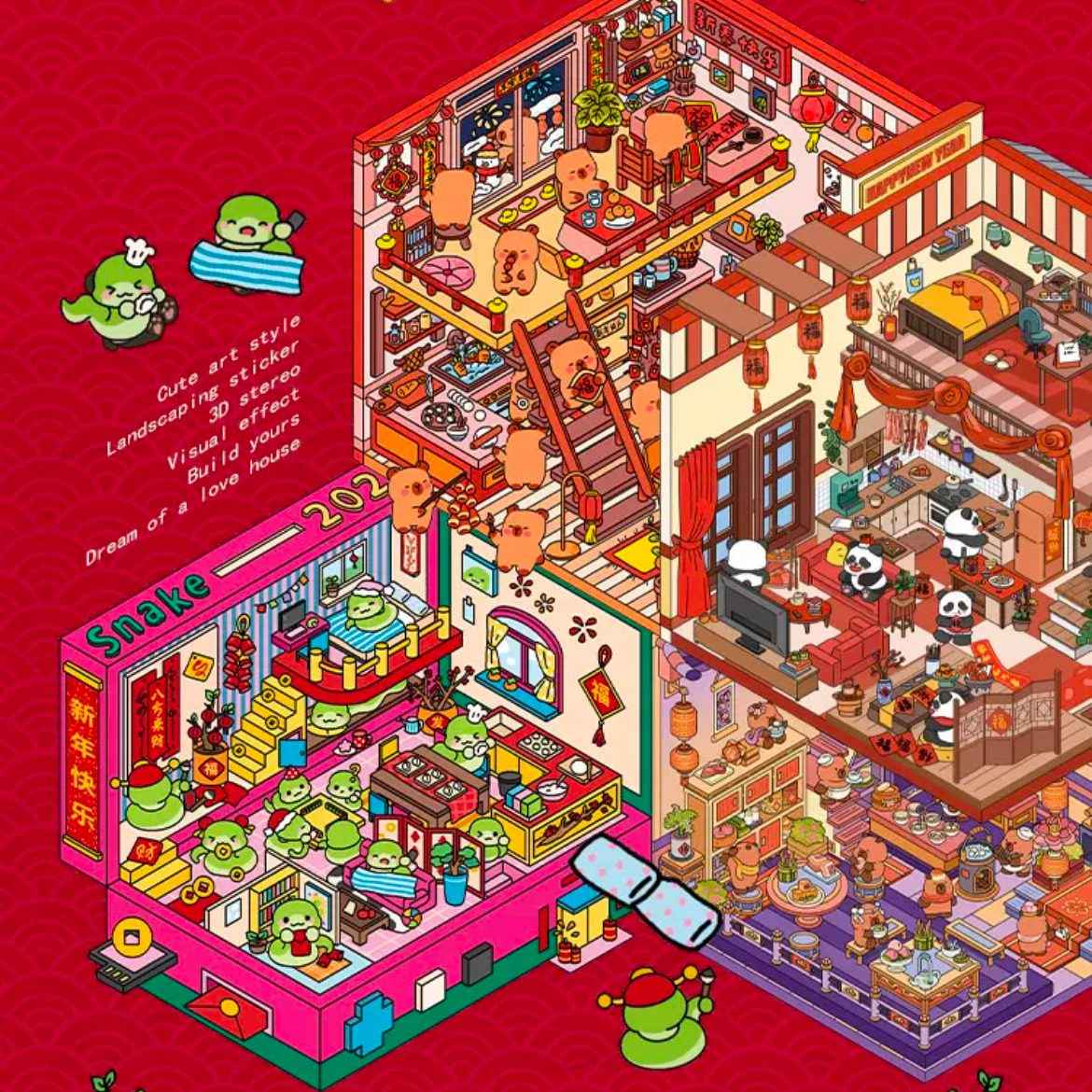 Cute Animal 7.0 – Happy Chinese New Year 3D Sticker Scenes - 4 Theme Sets: Capybara Lantern Festival | Capybara New Year | Panda New Year | Snake 2025
