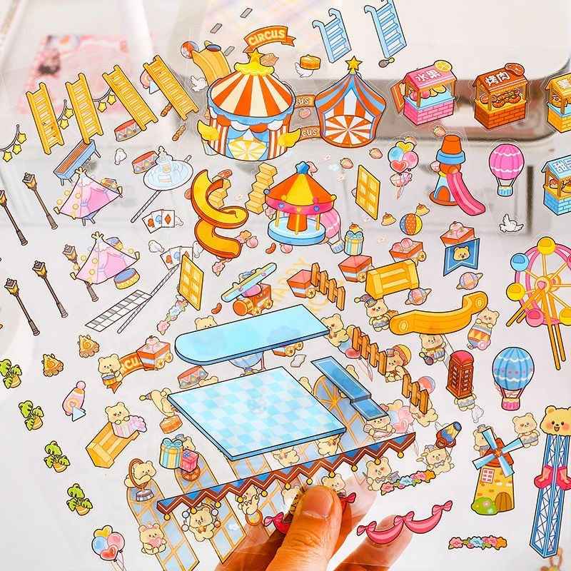 Magical Realm 3.0 Plus A4 Size – Cute Animal’s Boxed World 3D Sticker Scenes - 4 Theme Sets: My Little Pony Music Party | Bear Happy Circus | Capybara Amusement Park | Dog Magic House