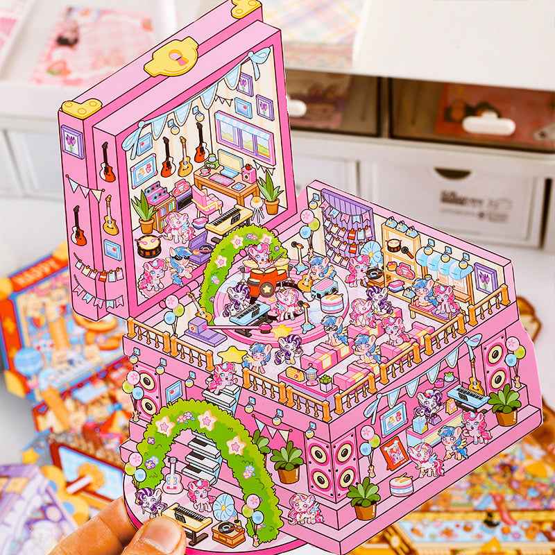 Magical Realm 3.0 Plus A4 Size – Cute Animal’s Boxed World 3D Sticker Scenes - 4 Theme Sets: My Little Pony Music Party | Bear Happy Circus | Capybara Amusement Park | Dog Magic House