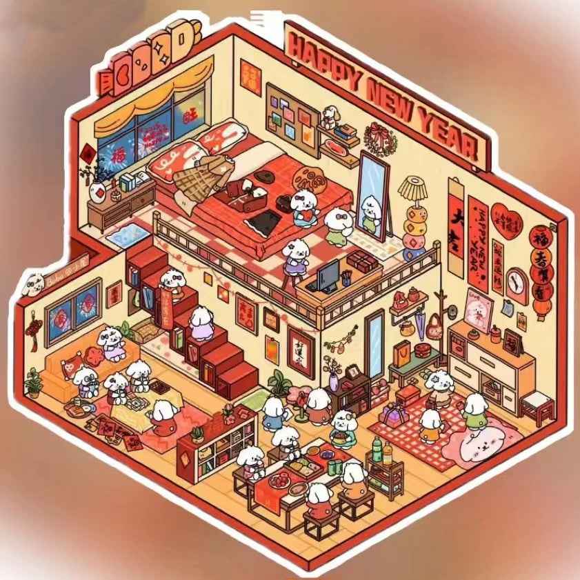 Cute Puppy 3D Isometric Room Stickers – 8 Theme Sets: Christmas Party | Clothing Store | Flower Shop | BBQ Restaurant | Wedding | Happy New Year | Dress Shop | Temple Fair