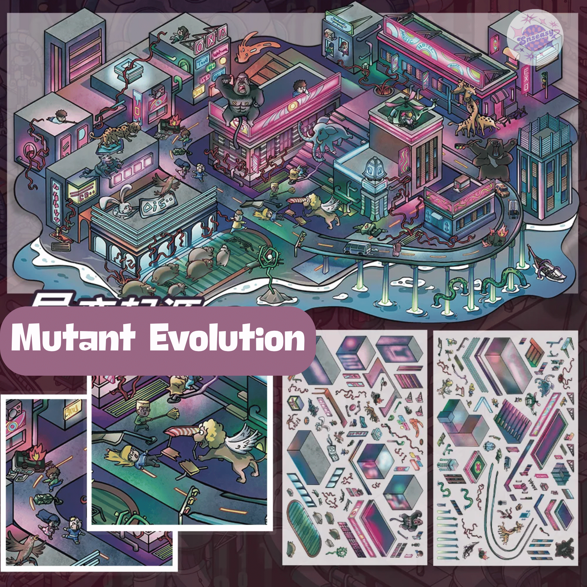 Chaotic Future – 3D Miniature Scene Stickers (Plus Size) – 4 Theme Sets: Mobile Mech City | Mutant Evolution | Robot Uprising | AI-Human Lab