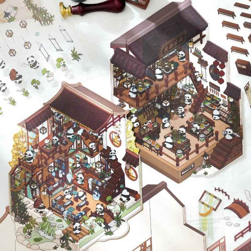Black & White – Panda and Cat Traditional Chinese 2-Floor Shops 3D Sticker Scenes - 4 Theme Sets: Panda Bookstore | Panda Hotel | Cat Baozi Shop | Cat Restaurant