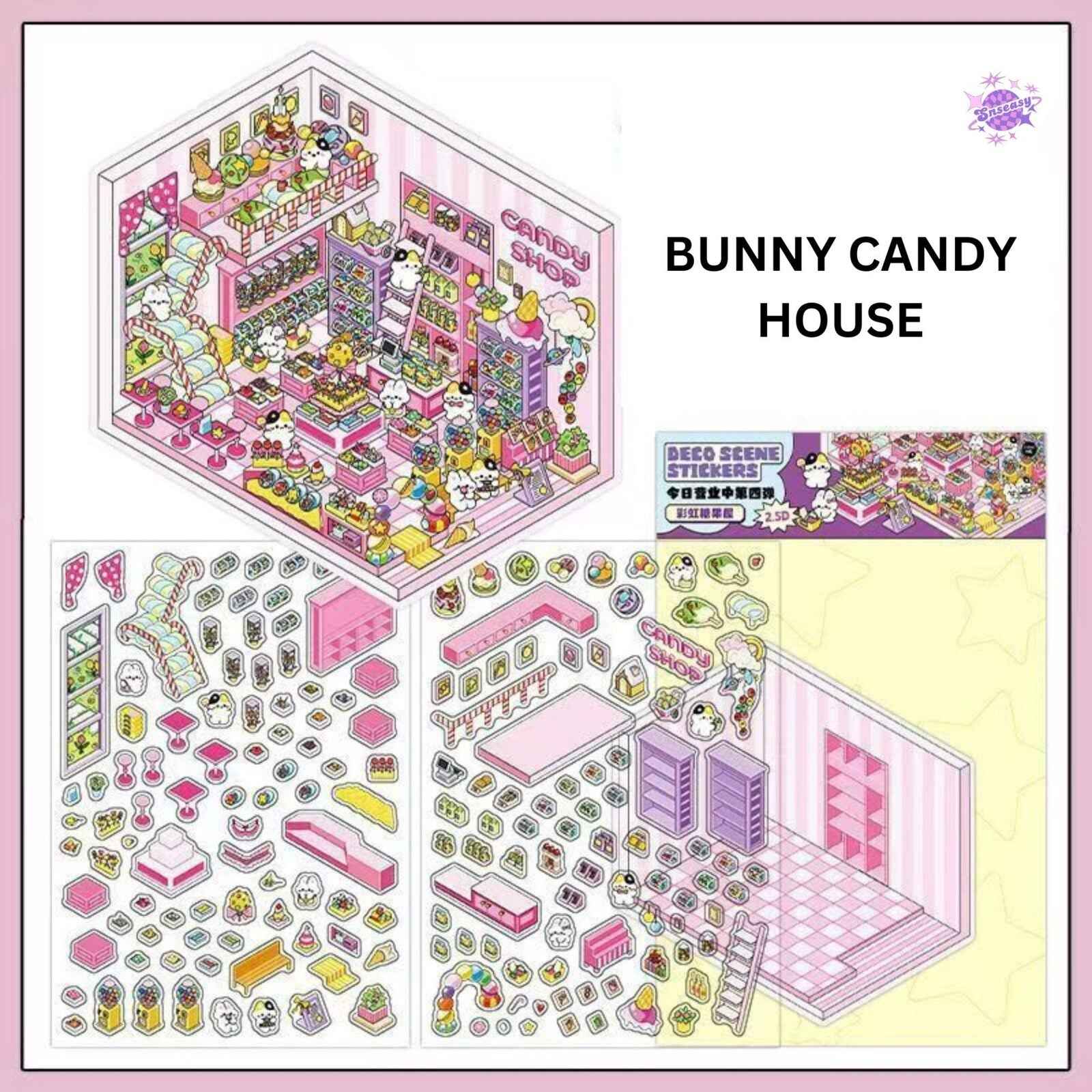 Cute Store 2-Floor – 3D Sticker Scenes - 4 Theme Sets: Panda Hot Pot Shop | Puppy Chocolate Shop | Bunny Candy House | Bear Toy House