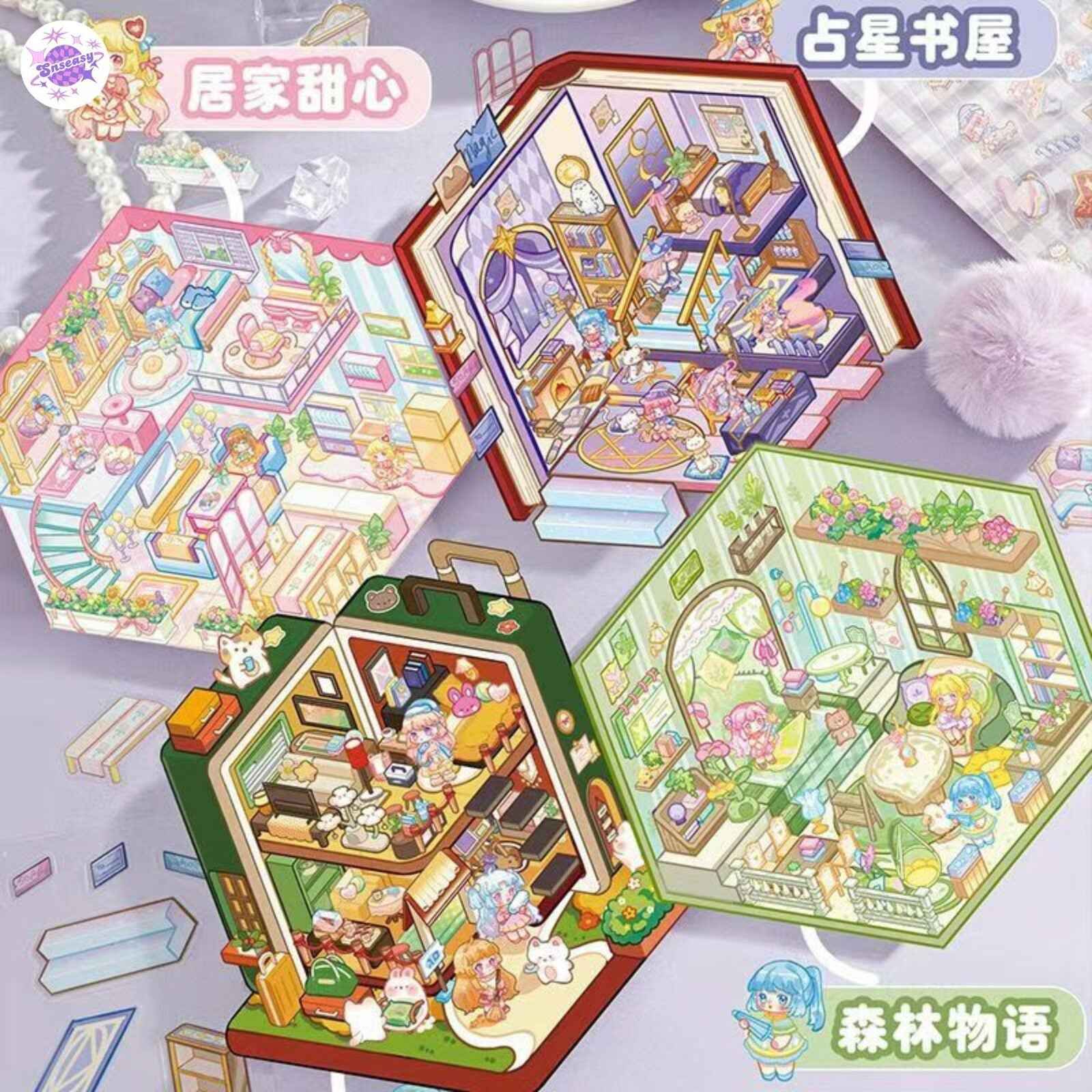 Magical Realm 4.0 – 3D Sticker Scenes - 8 Theme Sets: Circus Music Box | Rotating Sushi Bar | Burger Shop | Pizza Parlor | Fortune-Telling Bookshop | Sweet Home | Forest Cottage | Travel Diary
