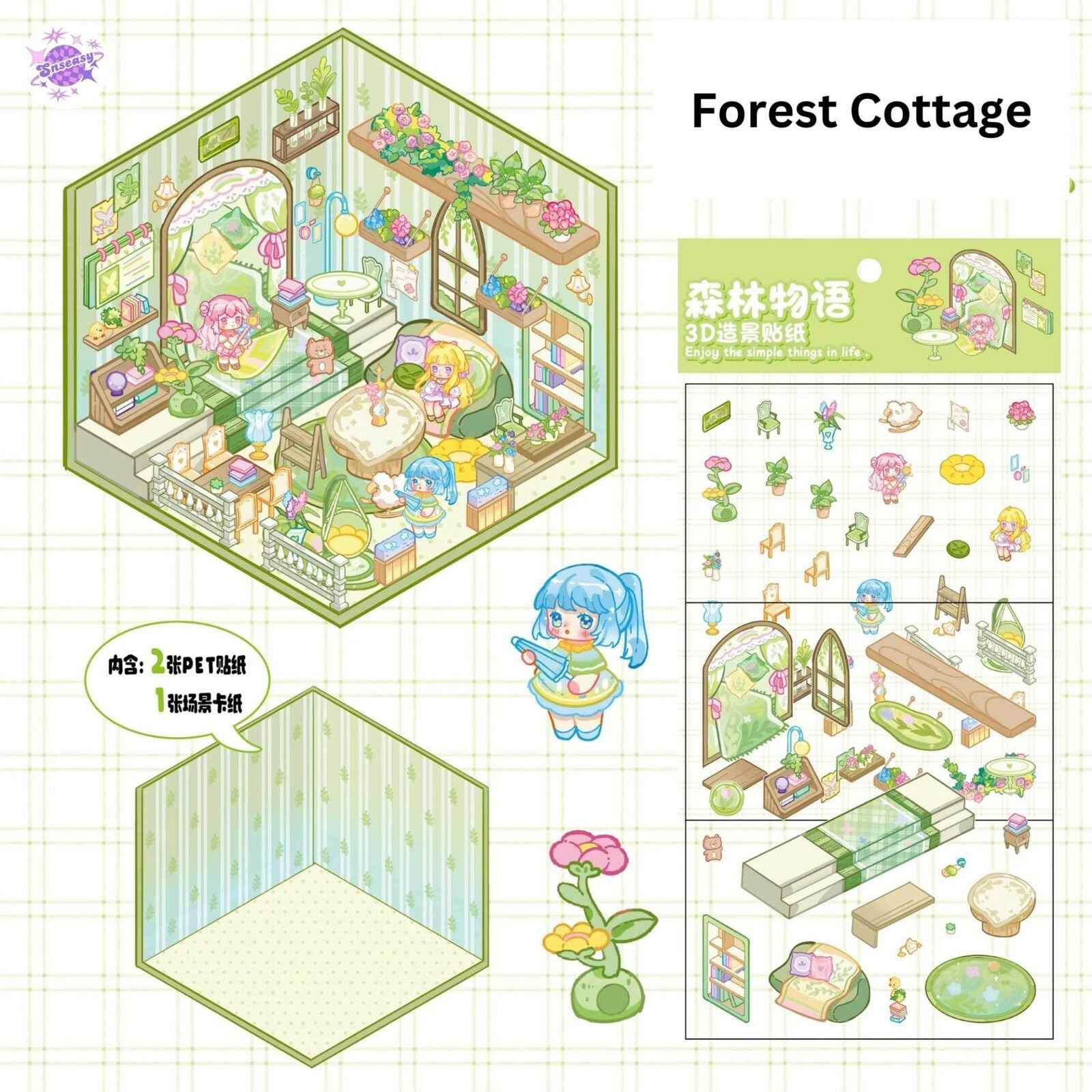 Magical Realm 4.0 – 3D Sticker Scenes - 8 Theme Sets: Circus Music Box | Rotating Sushi Bar | Burger Shop | Pizza Parlor | Fortune-Telling Bookshop | Sweet Home | Forest Cottage | Travel Diary