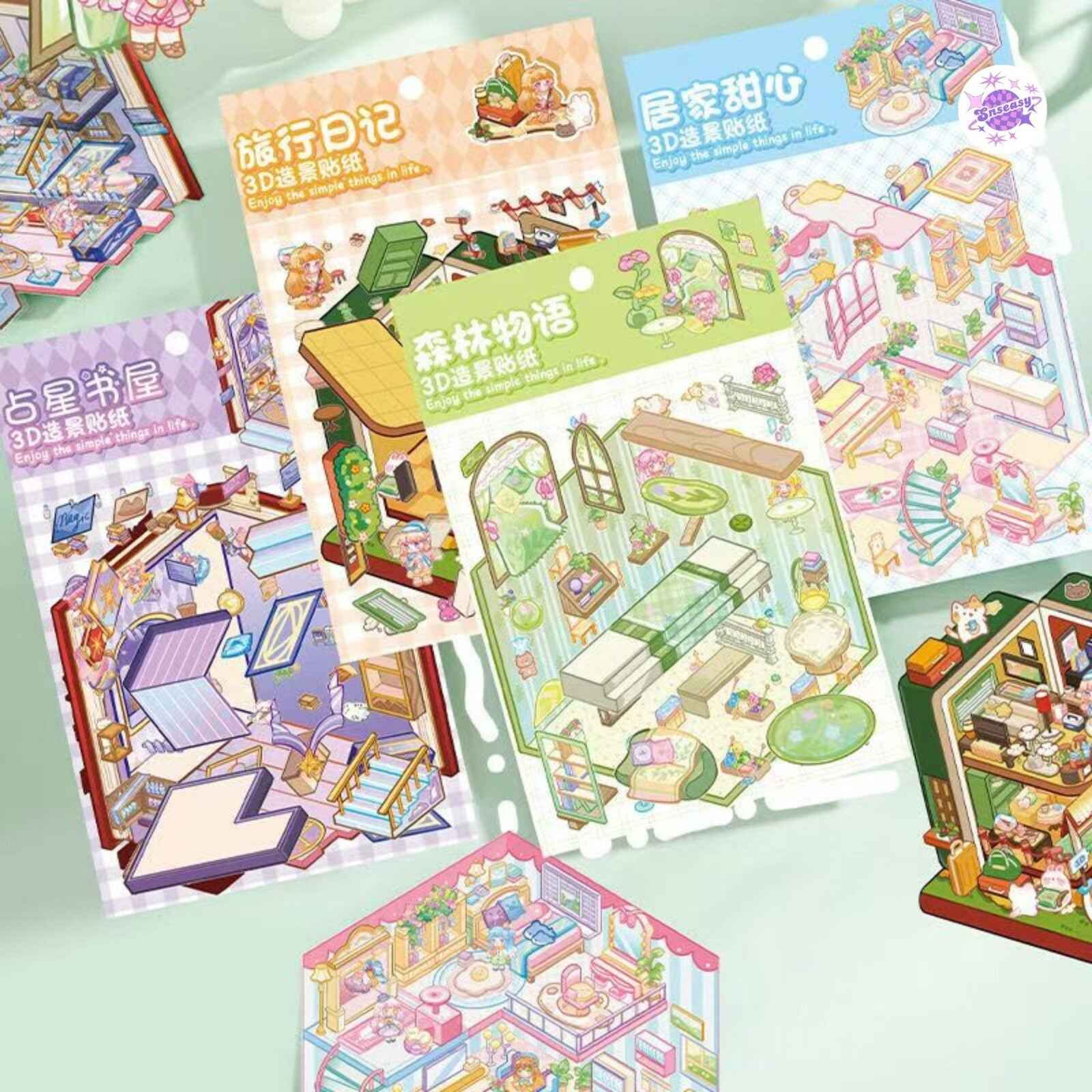Magical Realm 4.0 – 3D Sticker Scenes - 8 Theme Sets: Circus Music Box | Rotating Sushi Bar | Burger Shop | Pizza Parlor | Fortune-Telling Bookshop | Sweet Home | Forest Cottage | Travel Diary