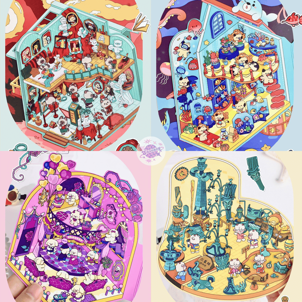 Cute Animals Visit the Museum – 3D Miniature Scene Stickers (Flip-Open Plus Size) – 4 Theme Sets: Dog Opera House | Cat Aquarium | Cat Art Museum | Sheep Sanxingdui Museum