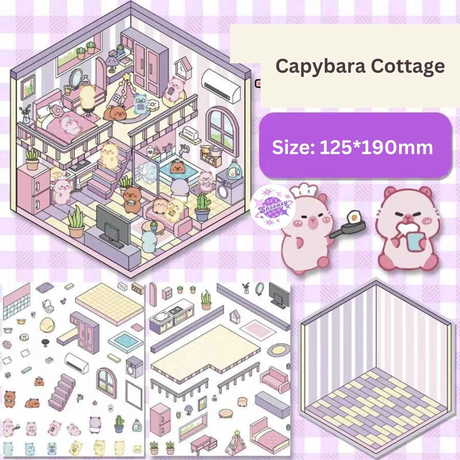 DIY Business Simulation Shop – 3D Miniature Sticker Scenes - 8 Theme Sets: Animal Amusement Park | Panda Restaurant | Capybara Convenience Store | Capybara Dollhouse | Capybara Cottage | Pink Clothing Store | Bunny Café | Kitty Café