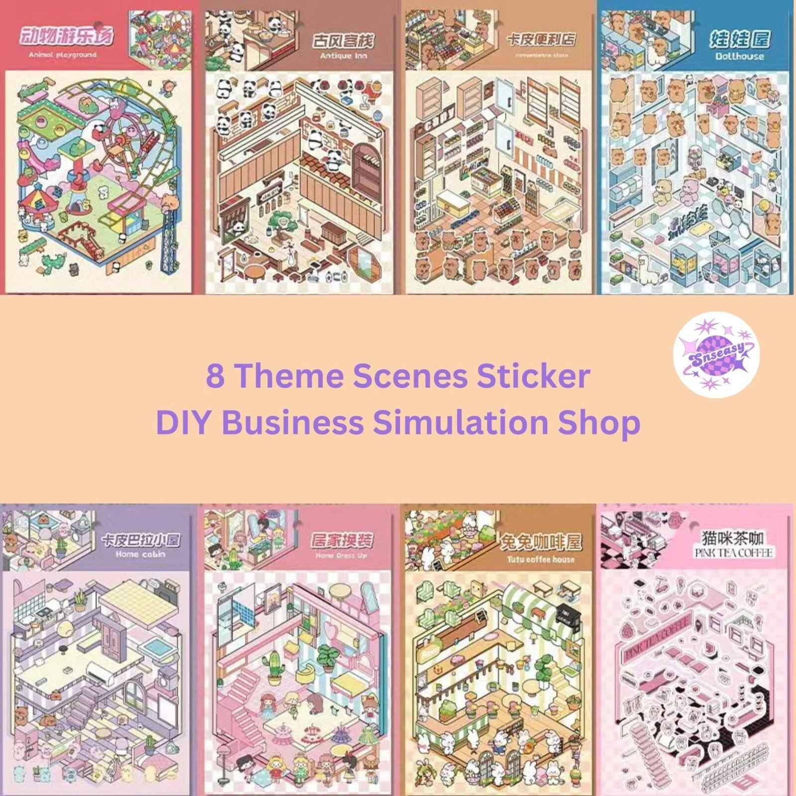DIY Business Simulation Shop – 3D Miniature Sticker Scenes - 8 Theme Sets: Animal Amusement Park | Panda Restaurant | Capybara Convenience Store | Capybara Dollhouse | Capybara Cottage | Pink Clothing Store | Bunny Café | Kitty Café