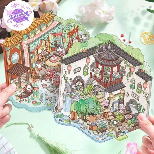Ancient Architecture Scenes 2.0 – 3D DIY Sticker Sets - 2 Theme Sets: Fly Flowers | Leisurely Courtyard