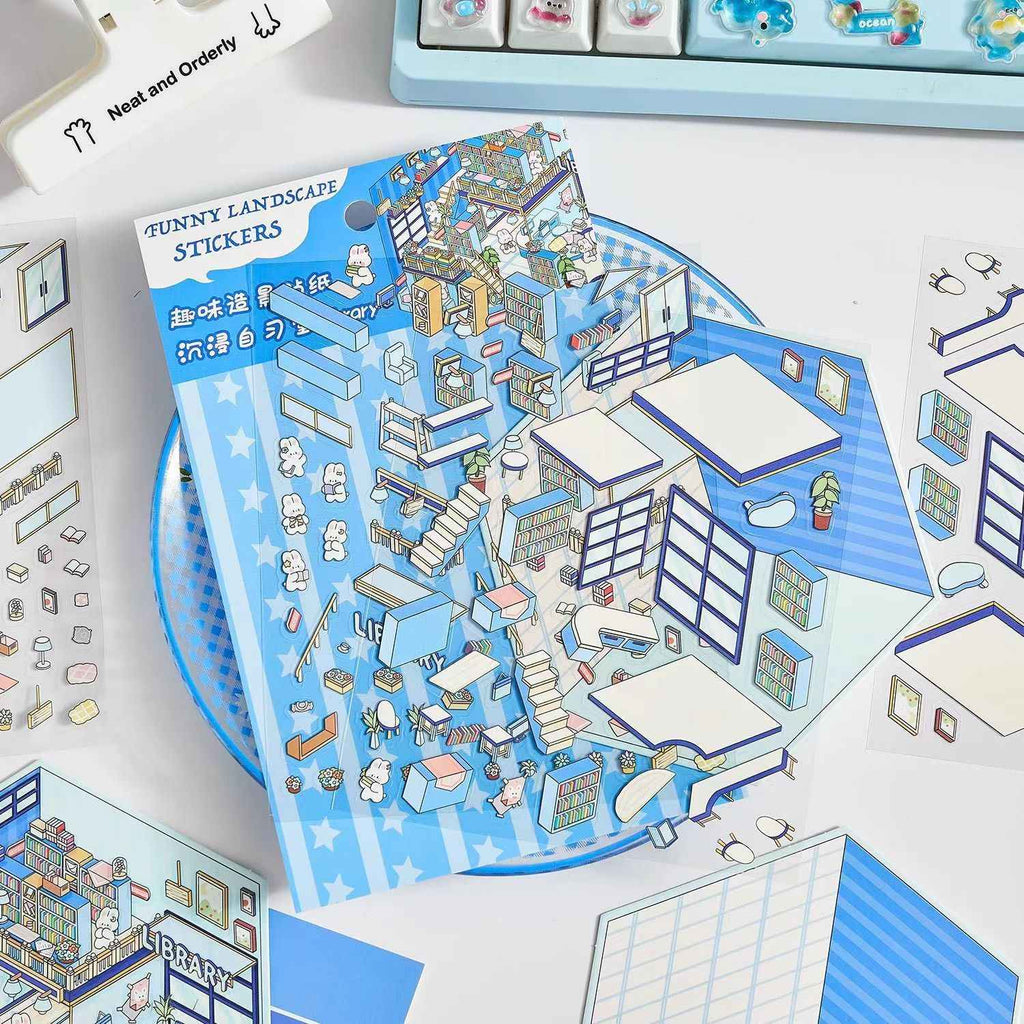 Cute Bunny Shop – 3D Sticker Scenes - 4 Theme Sets: Library | Coffee Shop | Supermarket | Restaurant