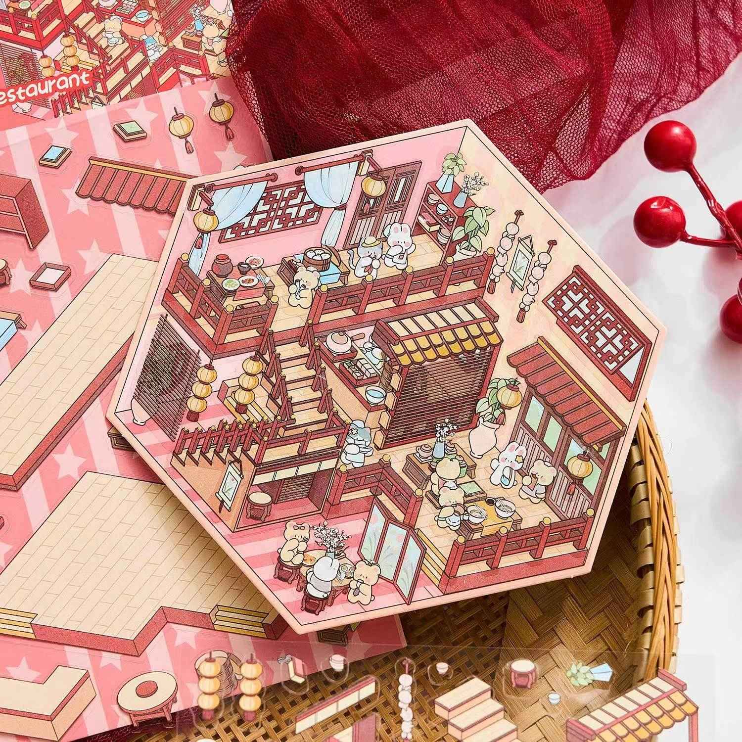 Cute Bunny Shop – 3D Sticker Scenes - 4 Theme Sets: Library | Coffee Shop | Supermarket | Restaurant
