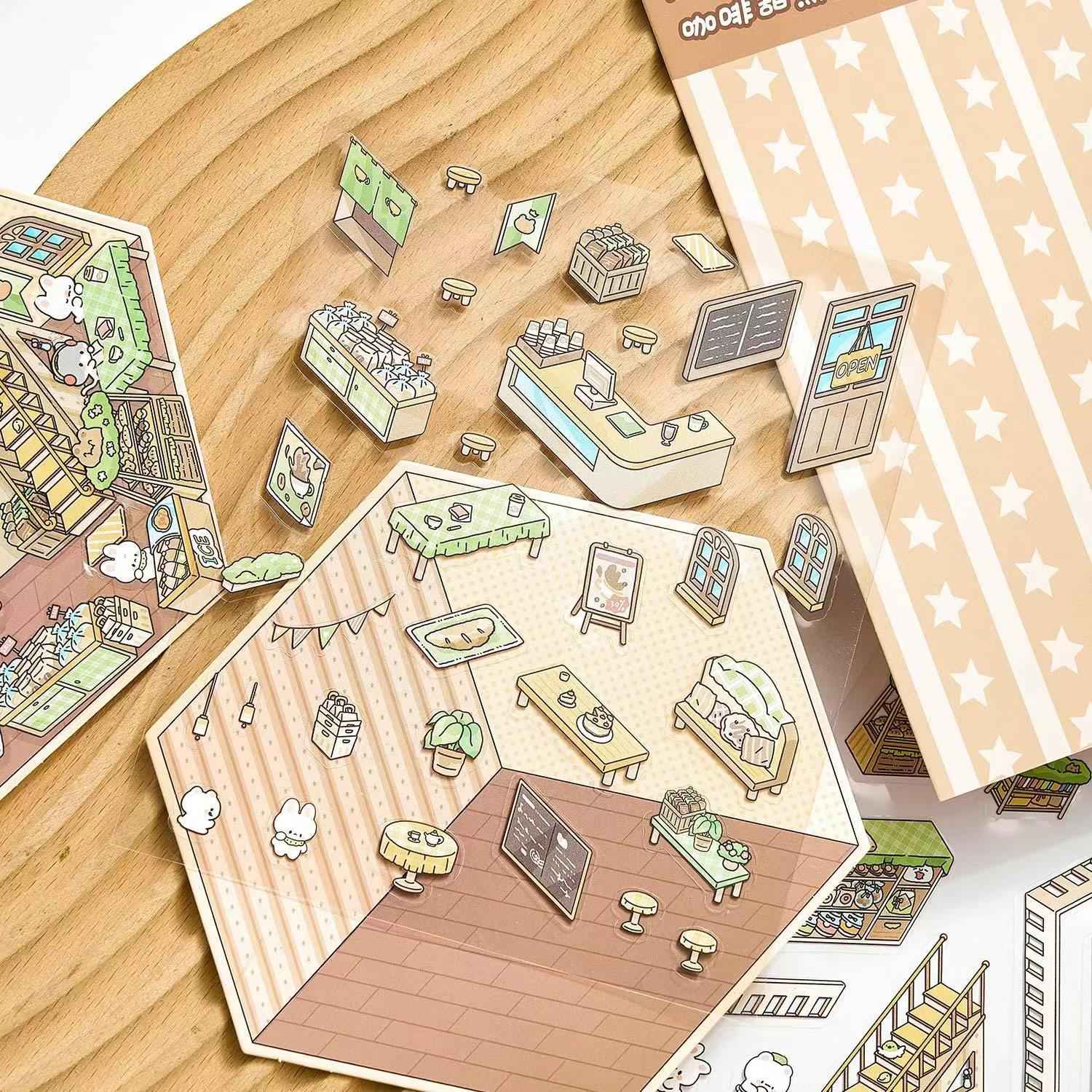 Cute Bunny Shop – 3D Sticker Scenes - 4 Theme Sets: Library | Coffee Shop | Supermarket | Restaurant