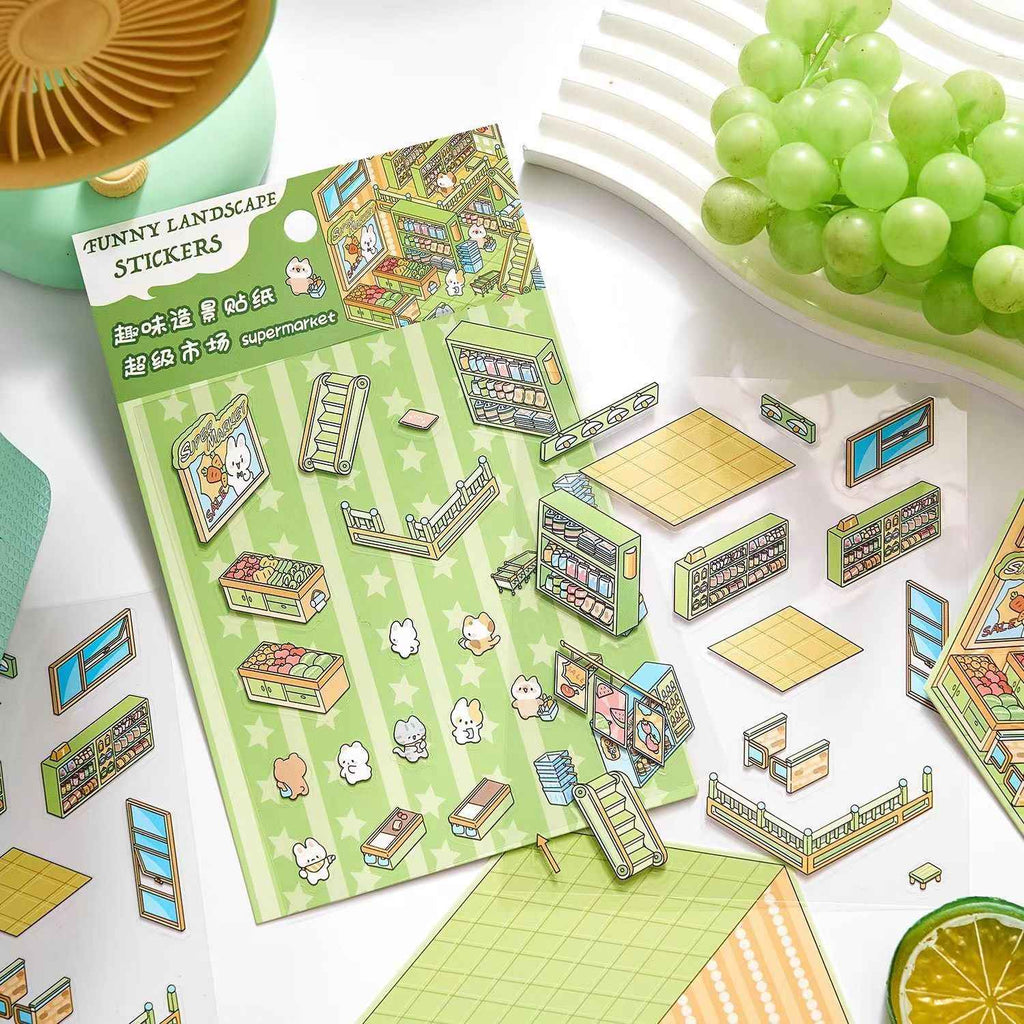 Cute Bunny Shop – 3D Sticker Scenes - 4 Theme Sets: Library | Coffee Shop | Supermarket | Restaurant