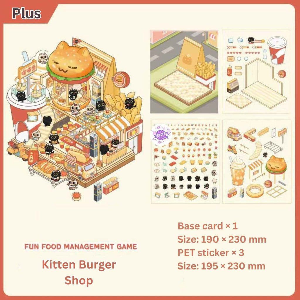 Simulation Business 2.0 Plus– 3D Miniature Sticker Scenes - 4 Theme Sets: Panda Hotpot Restaurant | Kitten Burger Shop | Piggy Dim Sum Shop | Puppy Convenience Store