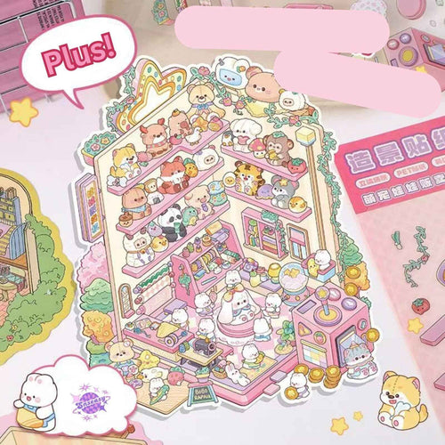 Cartoon Bunny Shop 2.0 Plus Edition – 3D DIY Sticker Scenes - 2 Theme Sets: Strawberry Cake Shop | Doll Vending Machine