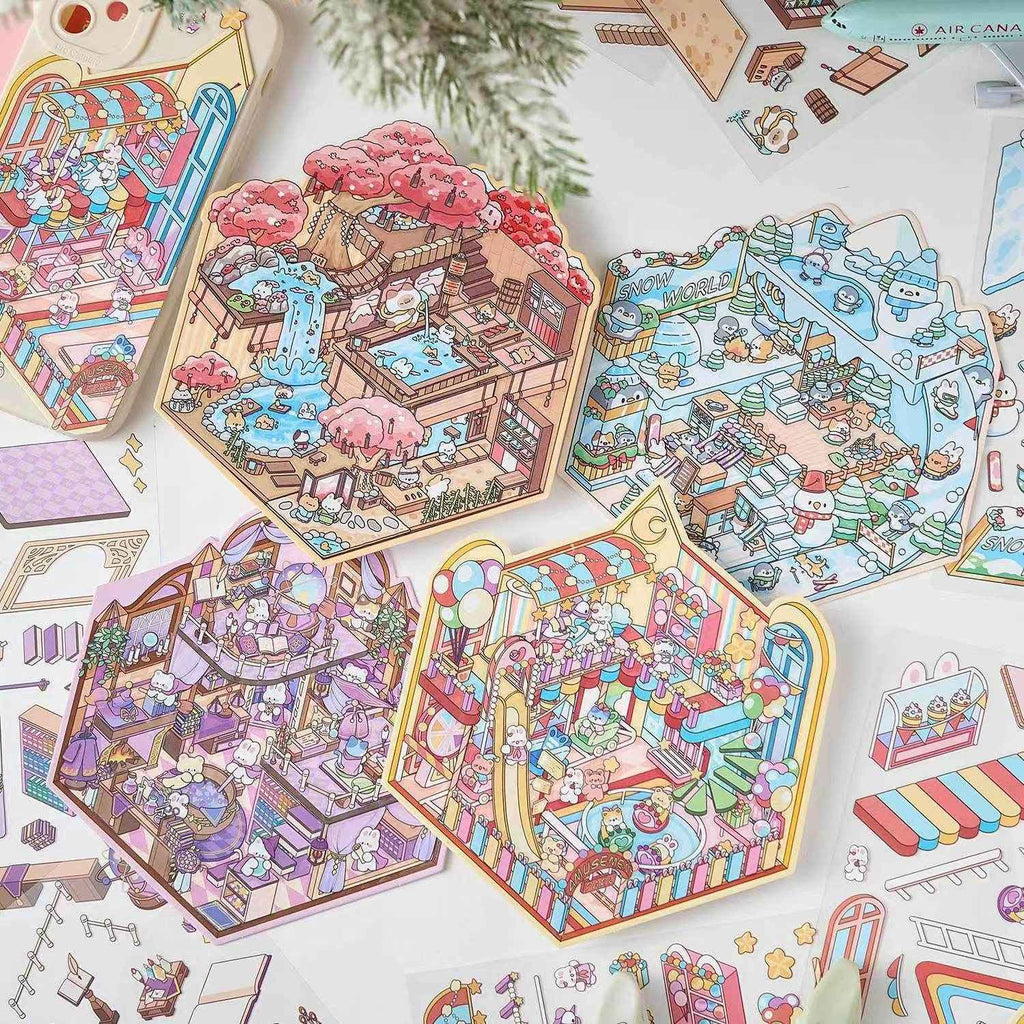 Magical Party 2.5D – 3D Miniature Sticker Scenes - 4 Theme Sets: Snowy World | Amusement Park | Magical Party | Sakura Hot Springs