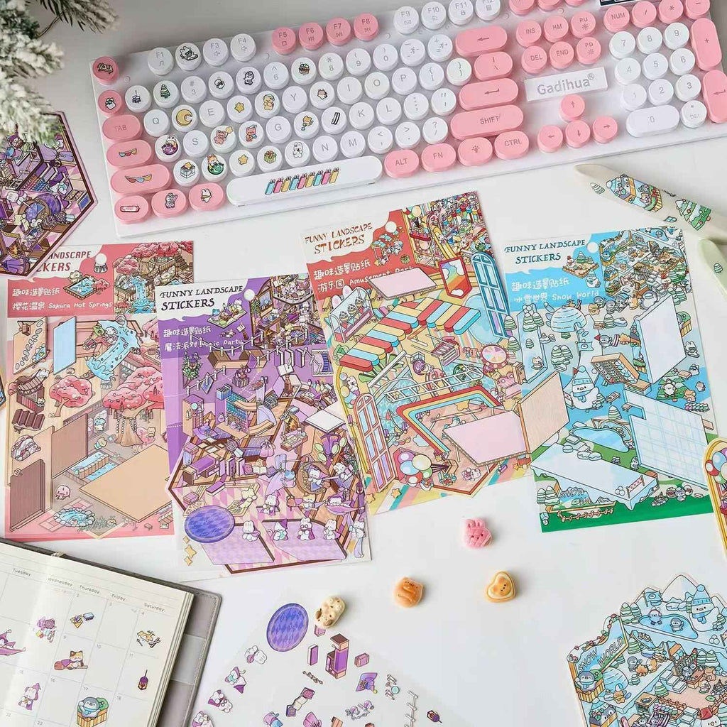 Magical Party 2.5D – 3D Miniature Sticker Scenes - 4 Theme Sets: Snowy World | Amusement Park | Magical Party | Sakura Hot Springs