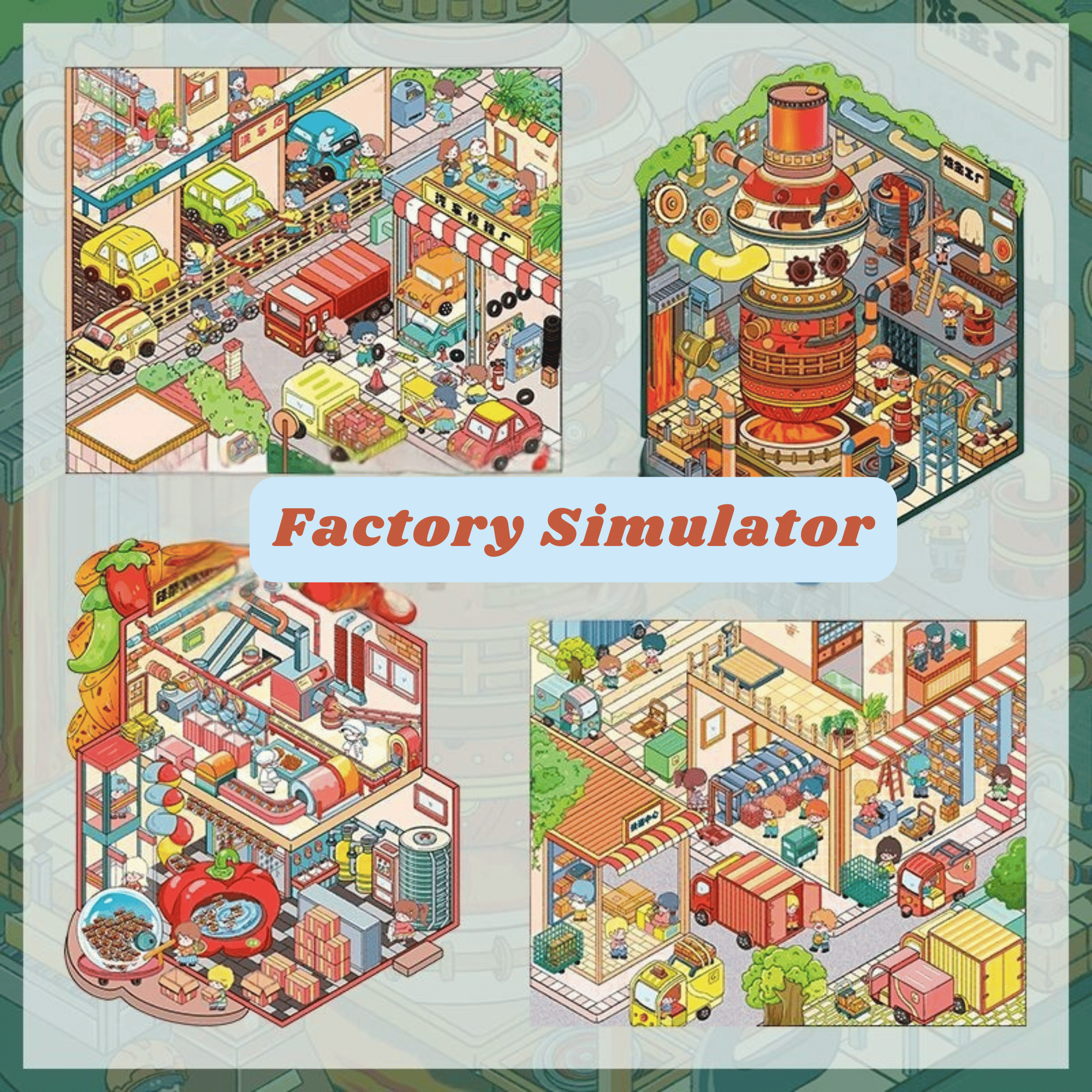 Factory Simulator – 3D Miniature Scene Stickers – 4 Theme Sets: Auto Repair Shop | Express Delivery Hub | Spicy Snack Factory | Alchemy Workshop