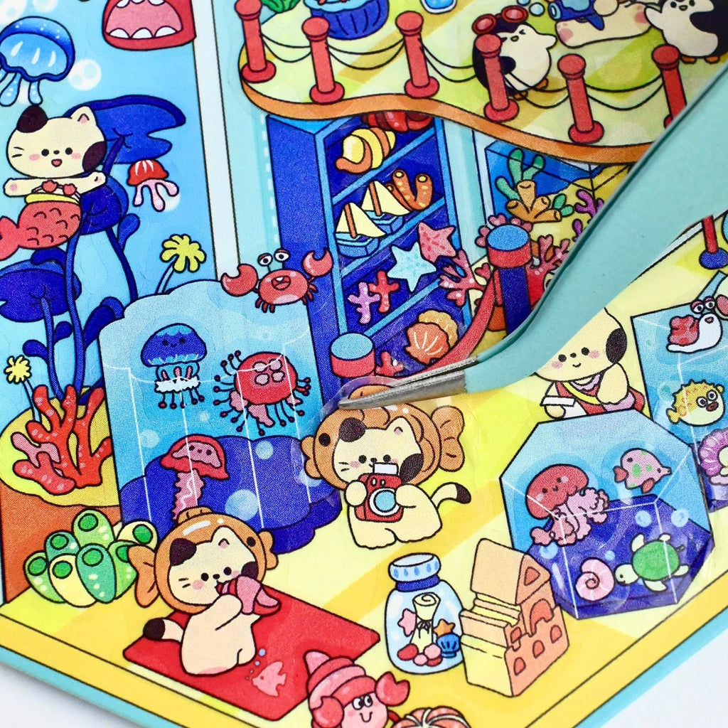 Cute Animals Visit the Museum – 3D Miniature Scene Stickers (Flip-Open Plus Size) – 4 Theme Sets: Dog Opera House | Cat Aquarium | Cat Art Museum | Sheep Sanxingdui Museum