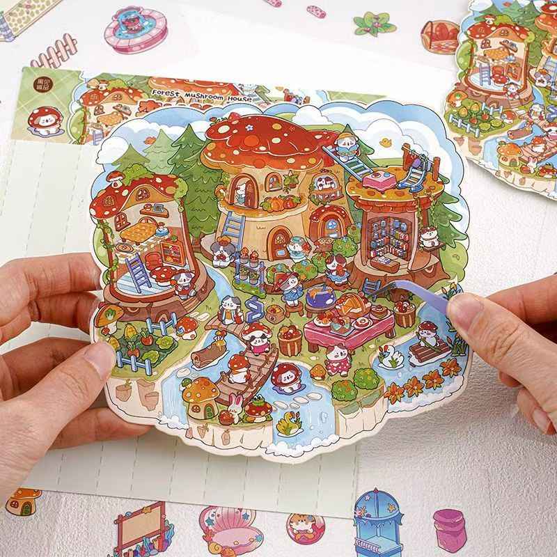 Cat's World Tour – 3D Miniature Sticker Scenes - 4 Theme Sets: Cloud Garden | Island Amusement Park | Forest Mushroom House | Underwater Paradise