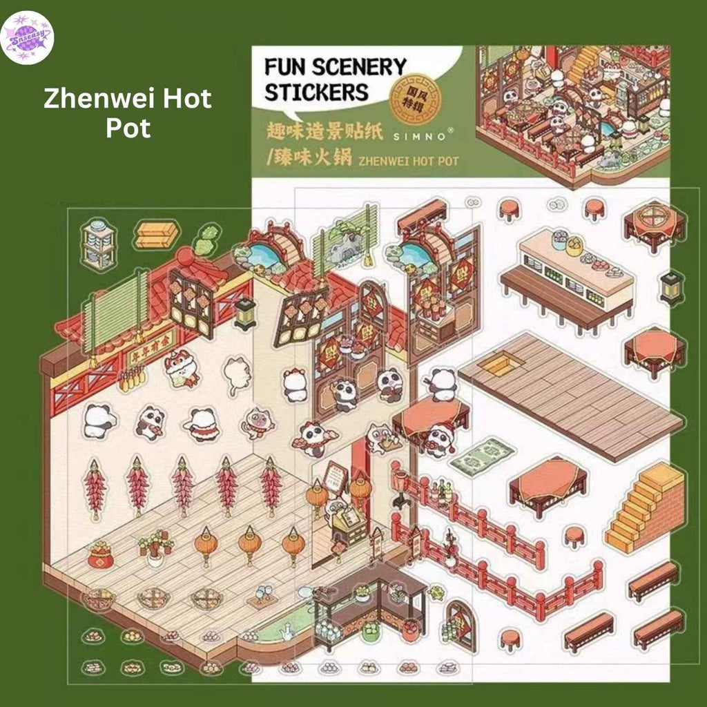 Chinese Happy Spring Festival – Plus 3D Miniature Sticker Scenes - 2 Theme Sets: Fuman Market | Zhenwei Hot Pot