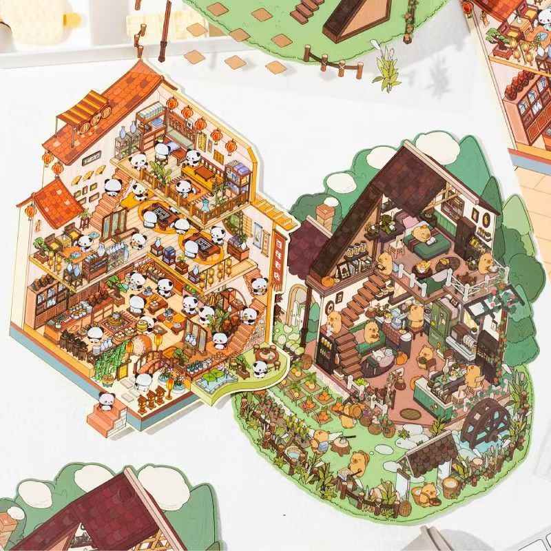 Panda 3-Story Building – Plus 3D Miniature Scenes Sticker - 2 Theme Sets: Farmhouse Cottage | Tea House Tower