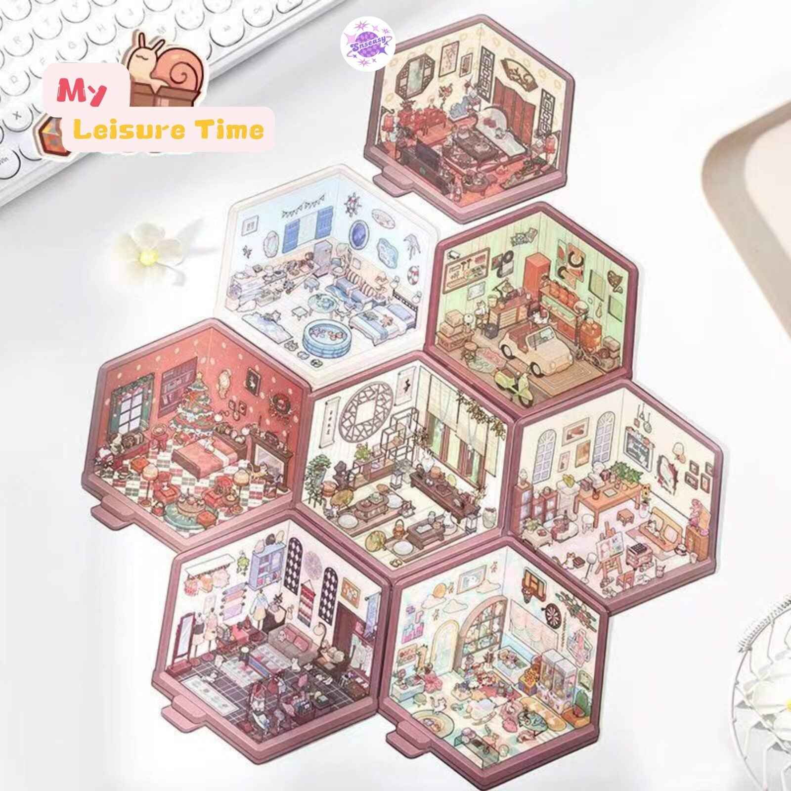 My Leisure Time – 3D Miniature Sticker Scenes - 8 Theme Sets: Christmas Night | Art Studio | Tailor Shop | Chinese New Year | Tea Room | Children's Playground | Ocean Cottage | Garage