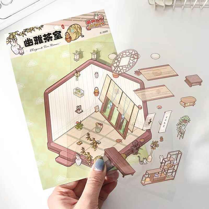 My Leisure Time – 3D Miniature Sticker Scenes - 8 Theme Sets: Christmas Night | Art Studio | Tailor Shop | Chinese New Year | Tea Room | Children's Playground | Ocean Cottage | Garage
