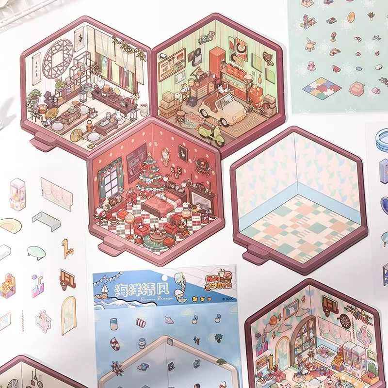 My Leisure Time – 3D Miniature Sticker Scenes - 8 Theme Sets: Christmas Night | Art Studio | Tailor Shop | Chinese New Year | Tea Room | Children's Playground | Ocean Cottage | Garage