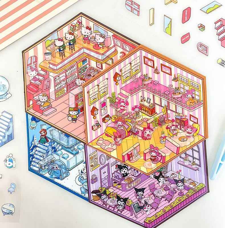 Cartoon Animation Sanrio – 3D Miniature Sticker Scenes - 4 Theme Sets: Hello Kitty Convenience Store | My Melody Bedroom | Kuromi Café | Elsa Ice Princess