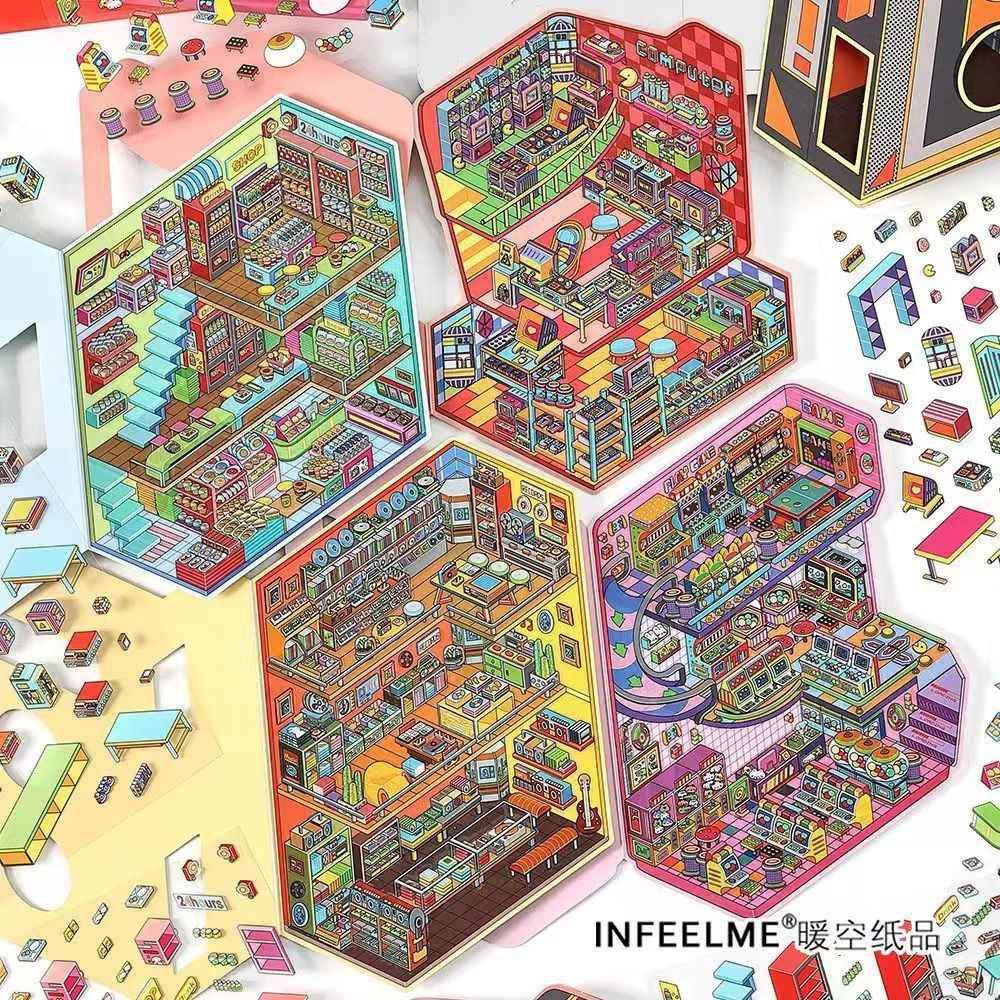 Today's Business Series 7.0 -Plus– 3D Miniature Sticker Scenes - 4 Theme Sets Record Store  E-sports Arena  Arcade  Supply Station