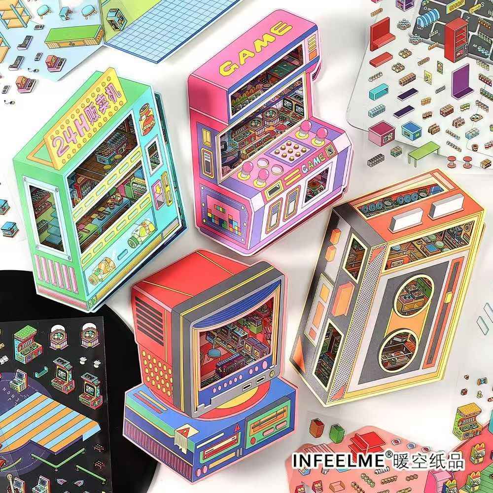 Today's Business Series 7.0 -Plus– 3D Miniature Sticker Scenes - 4 Theme Sets Record Store  E-sports Arena  Arcade  Supply Station