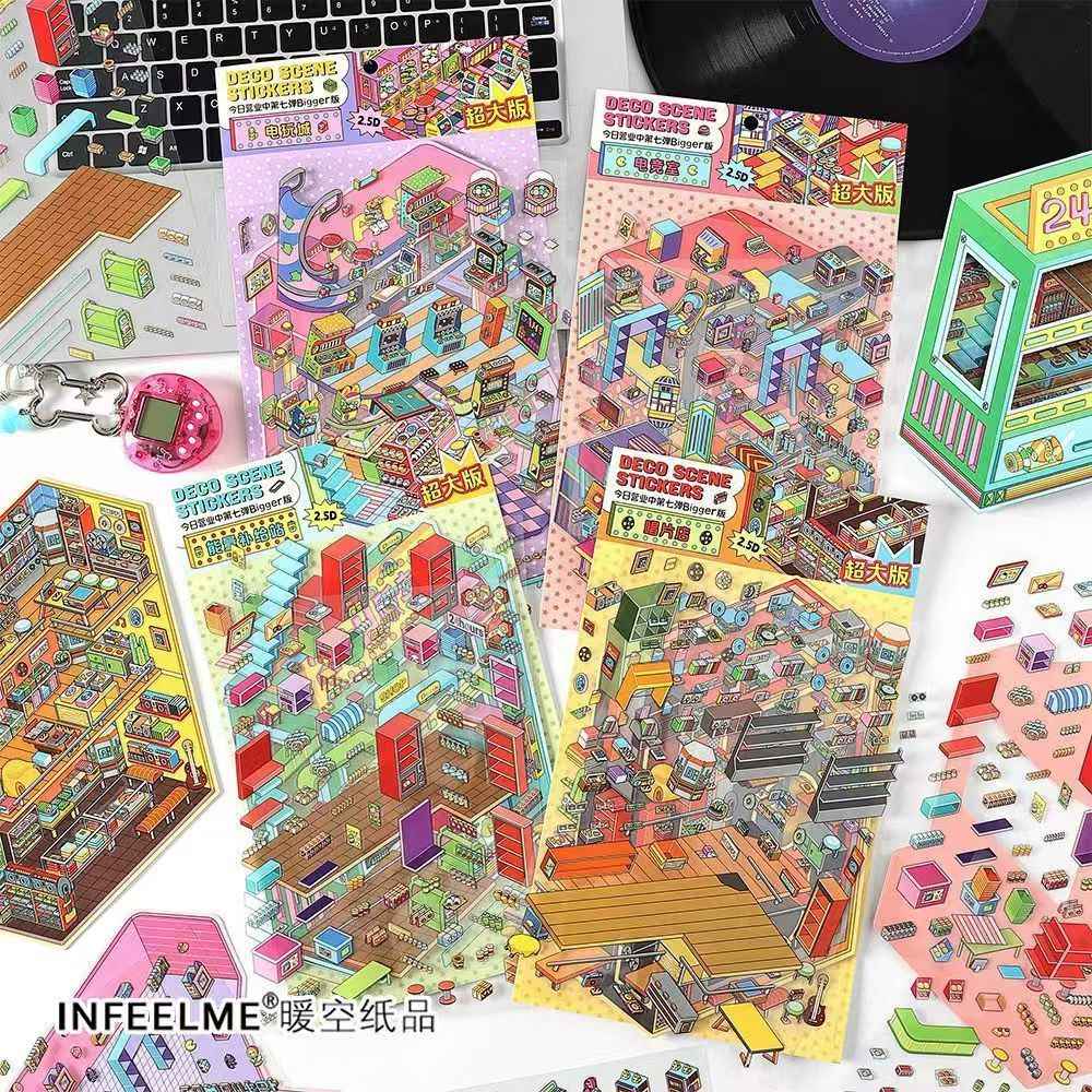 Today's Business Series 7.0 -Plus– 3D Miniature Sticker Scenes - 4 Theme Sets Record Store  E-sports Arena  Arcade  Supply Station