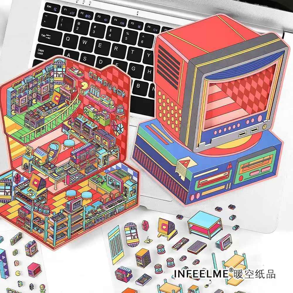 Today's Business Series 7.0 -Plus– 3D Miniature Sticker Scenes - 4 Theme Sets Record Store  E-sports Arena  Arcade  Supply Station