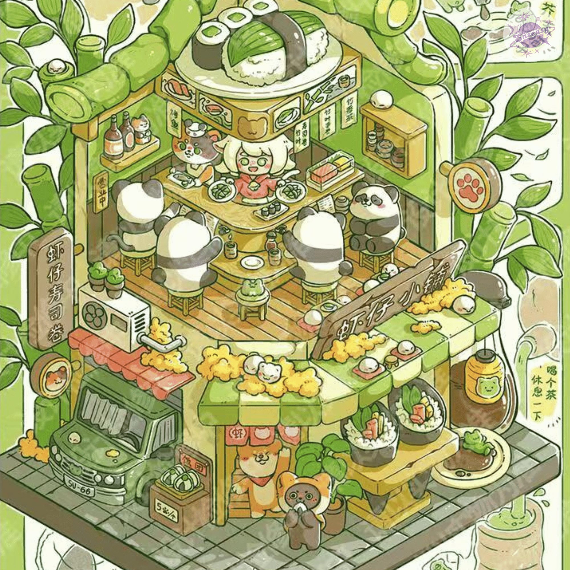 Cute Animals Happy Shops – 3D Miniature Scene Stickers – 4 Theme Sets: Cat Tree Café | Panda Sushi Bar | Doggy Grooming Salon | Little Bear Dumpling Shop
