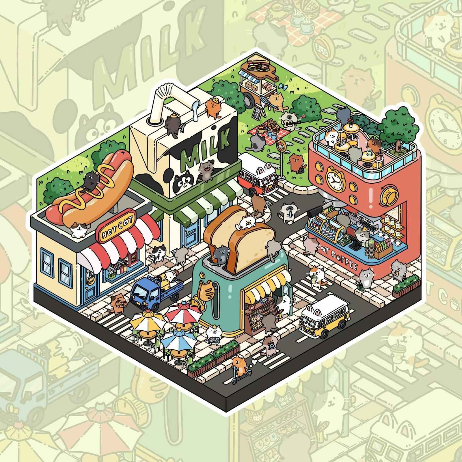 Cute Cat – 3D DIY Sticker Scenes - 4 Theme Sets: Farm | Beachside | Western Town | Breakfast Street