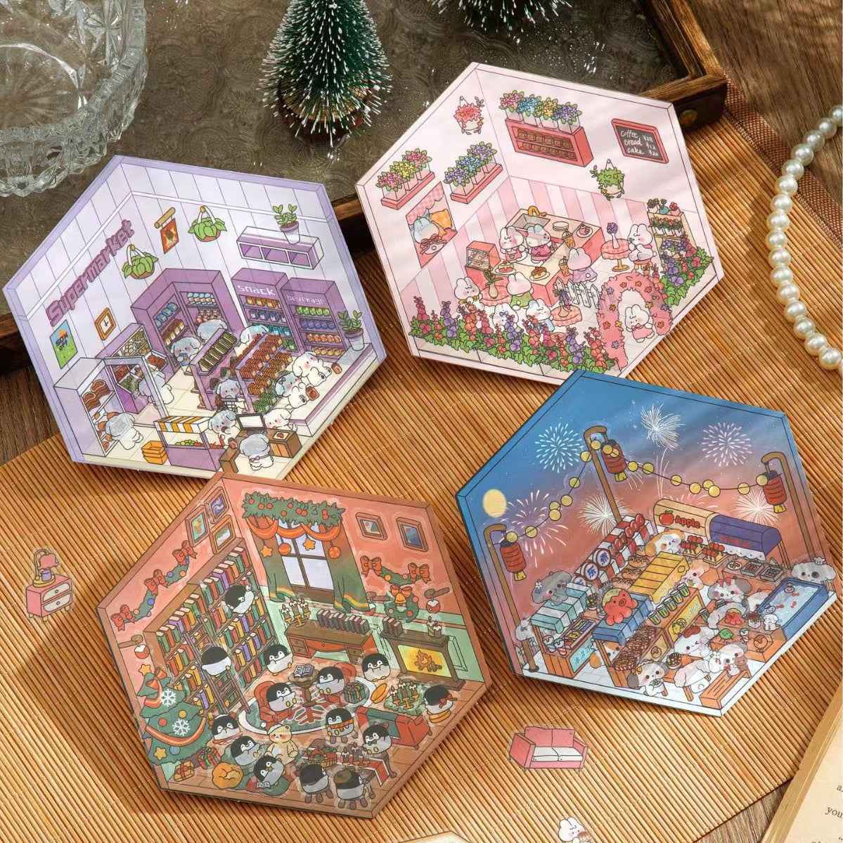 Cute Animal Party Stickers Scene – 12 Fun-Filled Themes: Bunny Flower Coffee | Puppy Supermarket | Penguin Christmas Cabin | Puppy Firework Night Market | Panda Bookstore | Panda Restaurant | Panda Theater | Panda Dress Shop | Bear Bakery | Capybara Offic