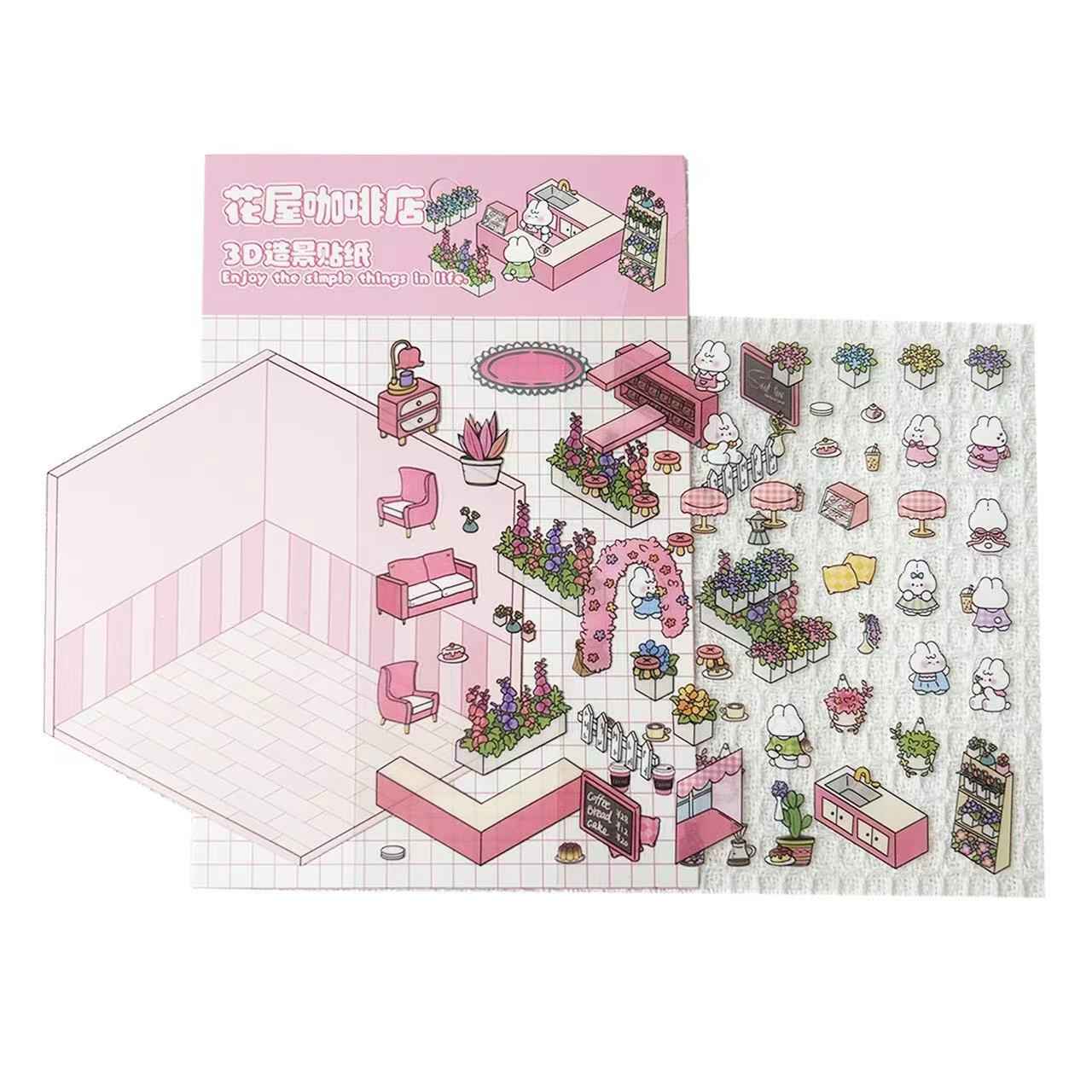 Cute Animal Party Stickers Scene – 12 Fun-Filled Themes: Bunny Flower Coffee | Puppy Supermarket | Penguin Christmas Cabin | Puppy Firework Night Market | Panda Bookstore | Panda Restaurant | Panda Theater | Panda Dress Shop | Bear Bakery | Capybara Offic