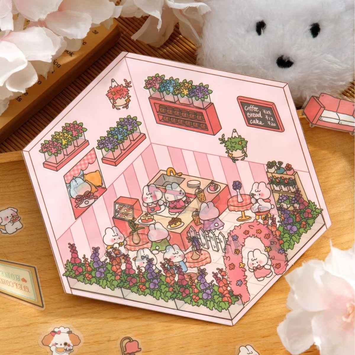Cute Animal Party Stickers Scene – 12 Fun-Filled Themes: Bunny Flower Coffee | Puppy Supermarket | Penguin Christmas Cabin | Puppy Firework Night Market | Panda Bookstore | Panda Restaurant | Panda Theater | Panda Dress Shop | Bear Bakery | Capybara Offic