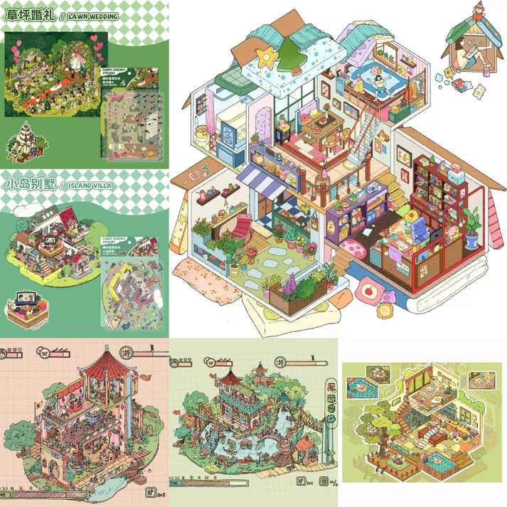 Dream Fairy Tale World 3D Isometric Room Stickers – 12 Theme Sets: Lawn Wedding | Island Villa | Lazy House | Bunny Forest House | Traditional Hotpot Restaurant | Ancient Town | Primary School Classroom | High School Girl Dorm | Panda Villa | Birthday Par