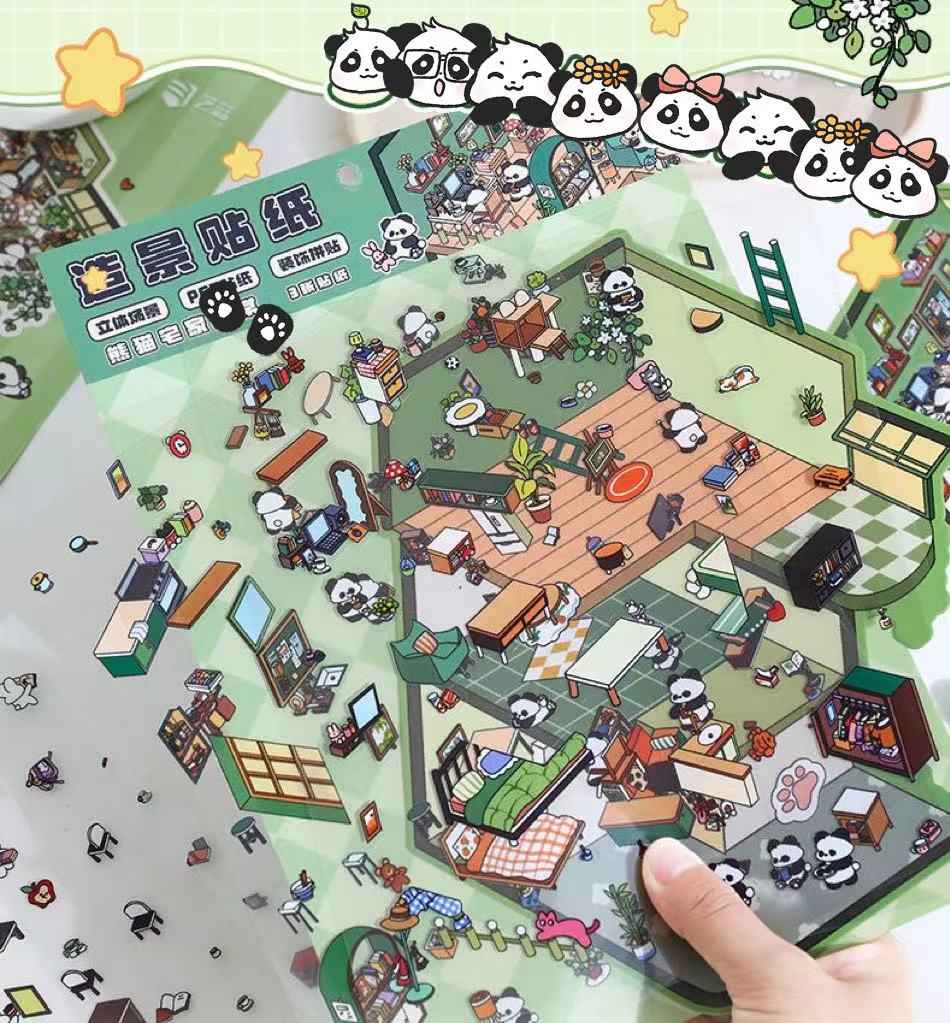 Dream Fairy Tale World 3D Isometric Room Stickers – 12 Theme Sets: Lawn Wedding | Island Villa | Lazy House | Bunny Forest House | Traditional Hotpot Restaurant | Ancient Town | Primary School Classroom | High School Girl Dorm | Panda Villa | Birthday Par