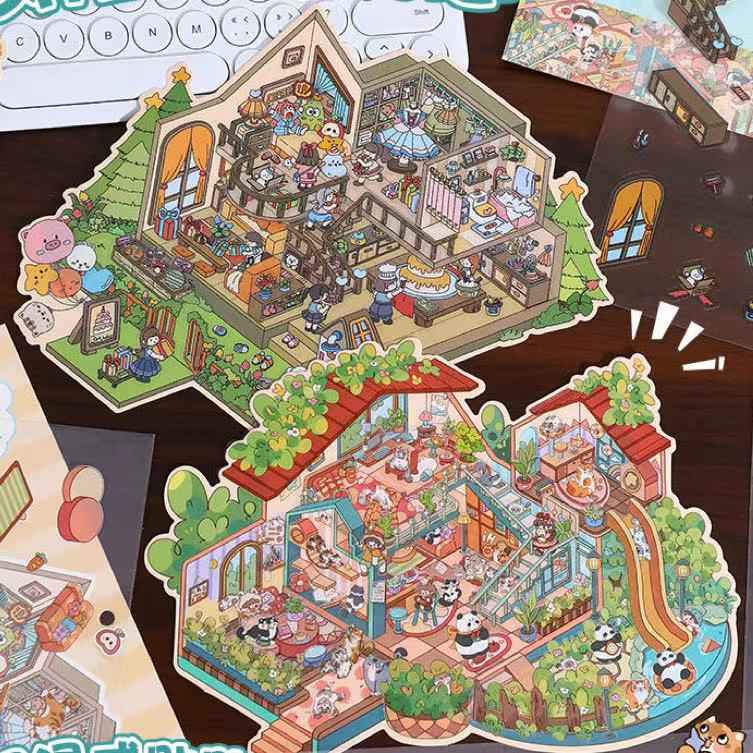 Dream Fairy Tale World 3D Isometric Room Stickers – 12 Theme Sets: Lawn Wedding | Island Villa | Lazy House | Bunny Forest House | Traditional Hotpot Restaurant | Ancient Town | Primary School Classroom | High School Girl Dorm | Panda Villa | Birthday Par