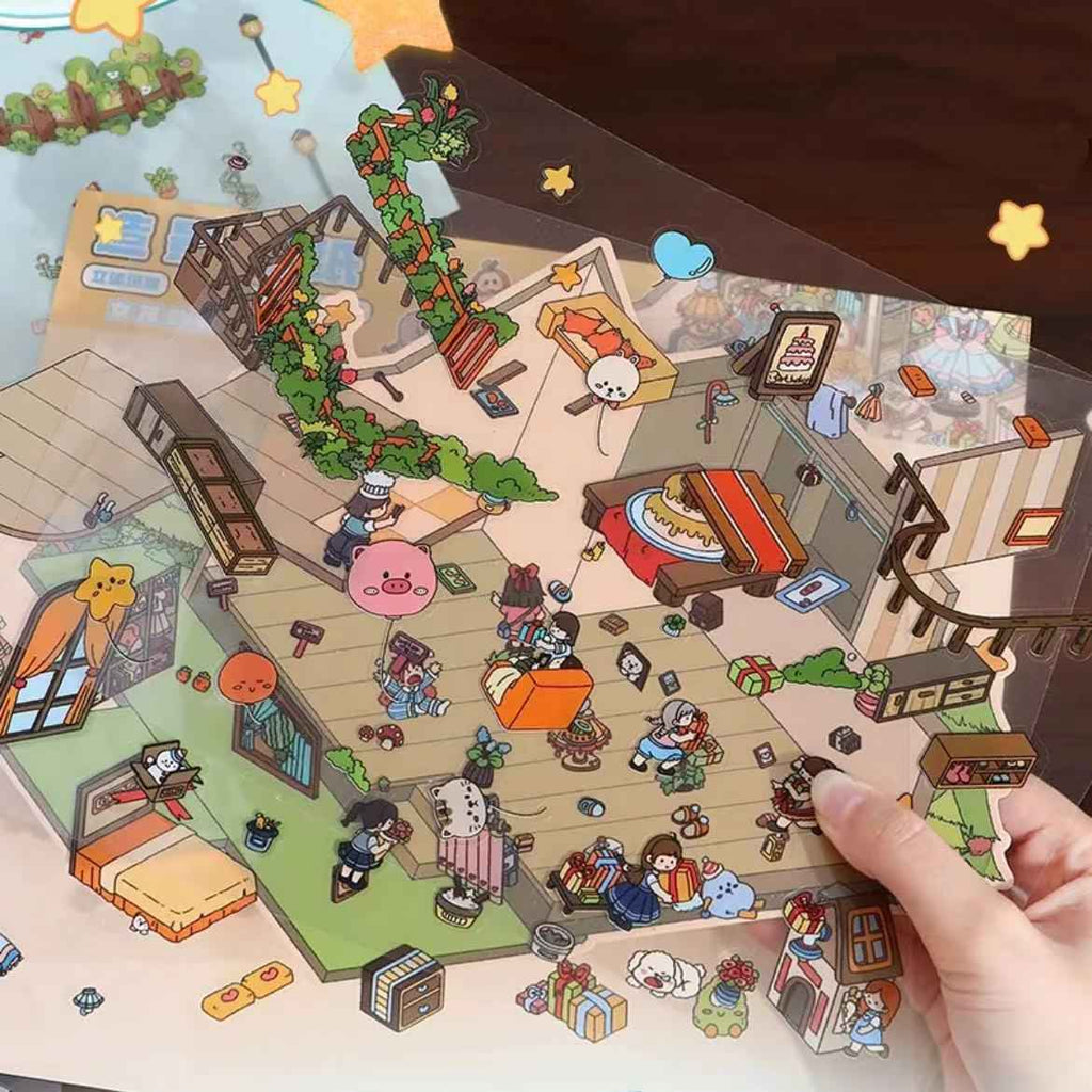 Dream Fairy Tale World 3D Isometric Room Stickers – 12 Theme Sets: Lawn Wedding | Island Villa | Lazy House | Bunny Forest House | Traditional Hotpot Restaurant | Ancient Town | Primary School Classroom | High School Girl Dorm | Panda Villa | Birthday Par
